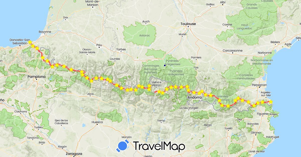 TravelMap itinerary: driving, hiking in Andorra, Spain, France (Europe)