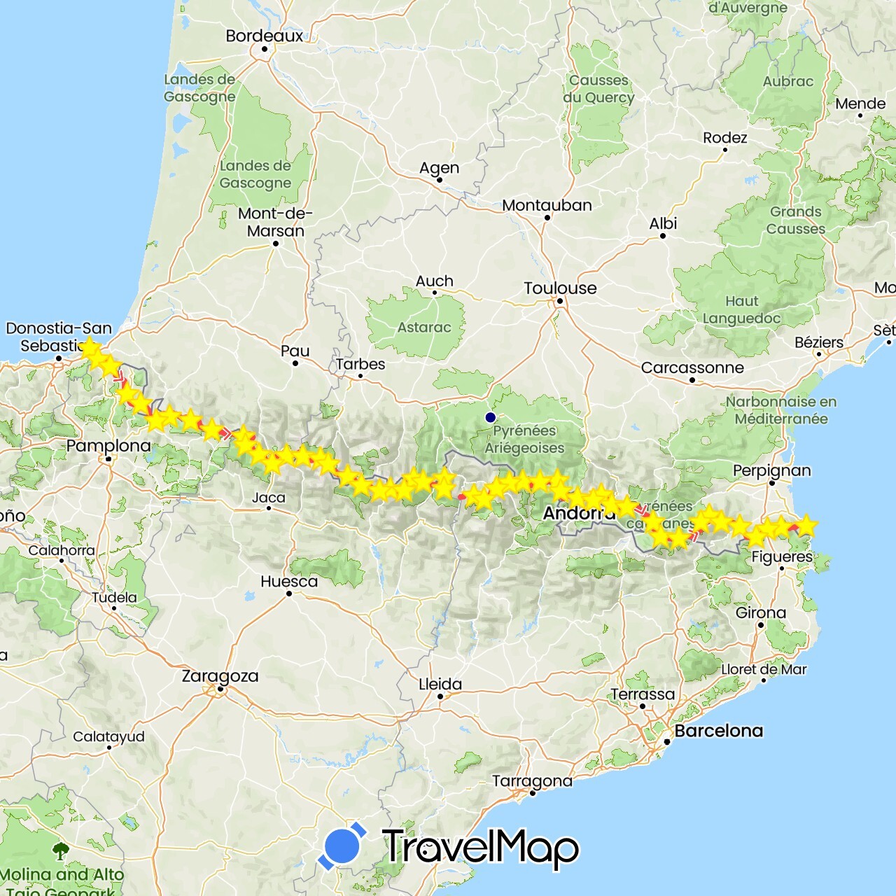 TravelMap itinerary: driving, hiking in Andorra, Spain, France (Europe)