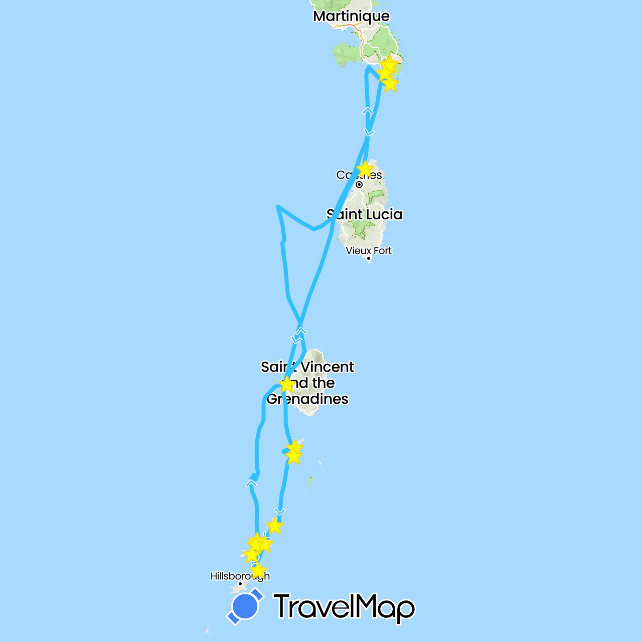 TravelMap itinerary: driving, boat in Martinique, Saint Vincent and the Grenadines (North America)