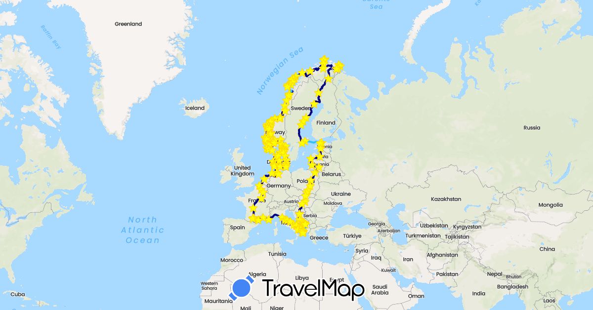 TravelMap itinerary: driving, bus, cycling, hiking, boat, natation eau libre in Albania, Bosnia and Herzegovina, Belgium, Germany, Denmark, Estonia, Finland, France, Croatia, Hungary, Italy, Lithuania, Latvia, Montenegro, Netherlands, Norway, Poland, Sweden, Slovakia (Europe)