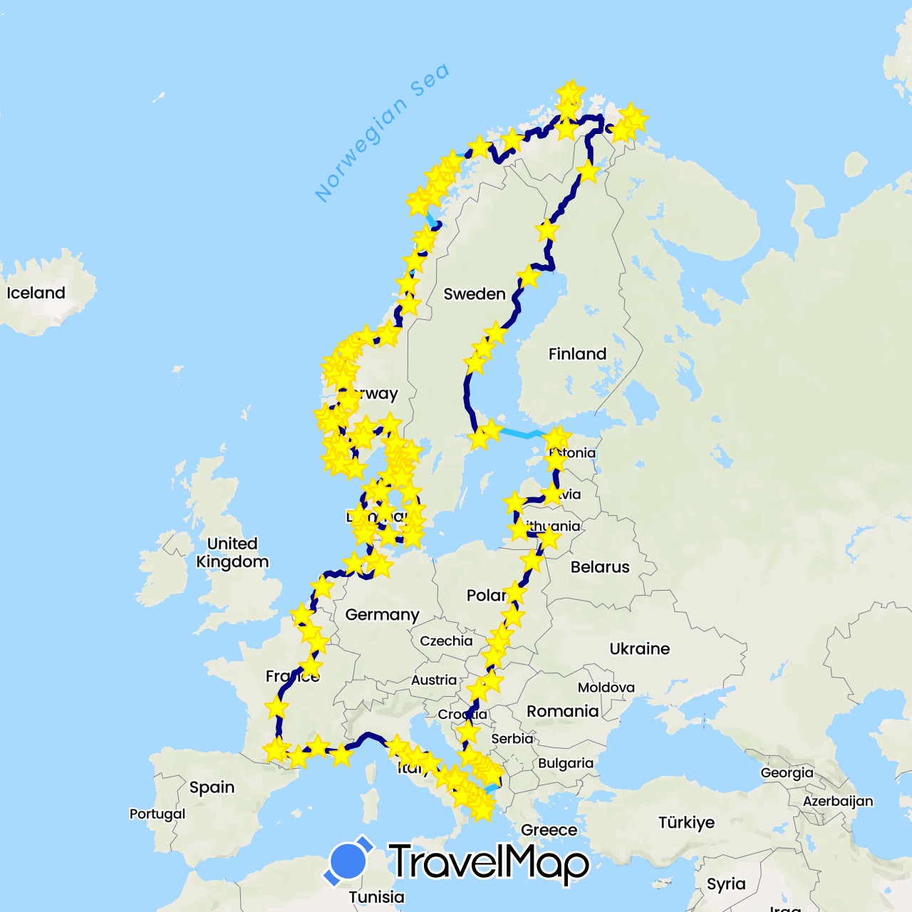 TravelMap itinerary: driving, bus, cycling, hiking, boat, natation eau libre in Albania, Bosnia and Herzegovina, Belgium, Germany, Denmark, Estonia, Finland, France, Croatia, Hungary, Italy, Lithuania, Latvia, Montenegro, Netherlands, Norway, Poland, Sweden, Slovakia (Europe)