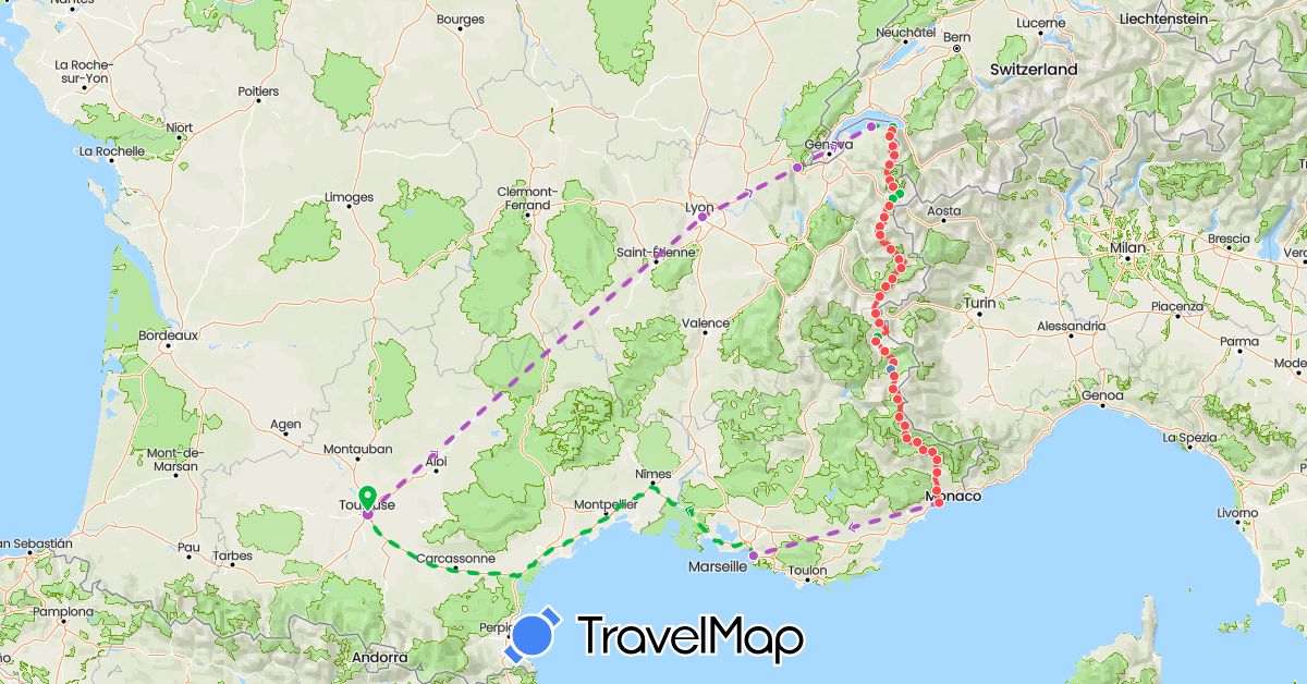 TravelMap itinerary: driving, bus, cycling, train, hiking in Switzerland, France (Europe)