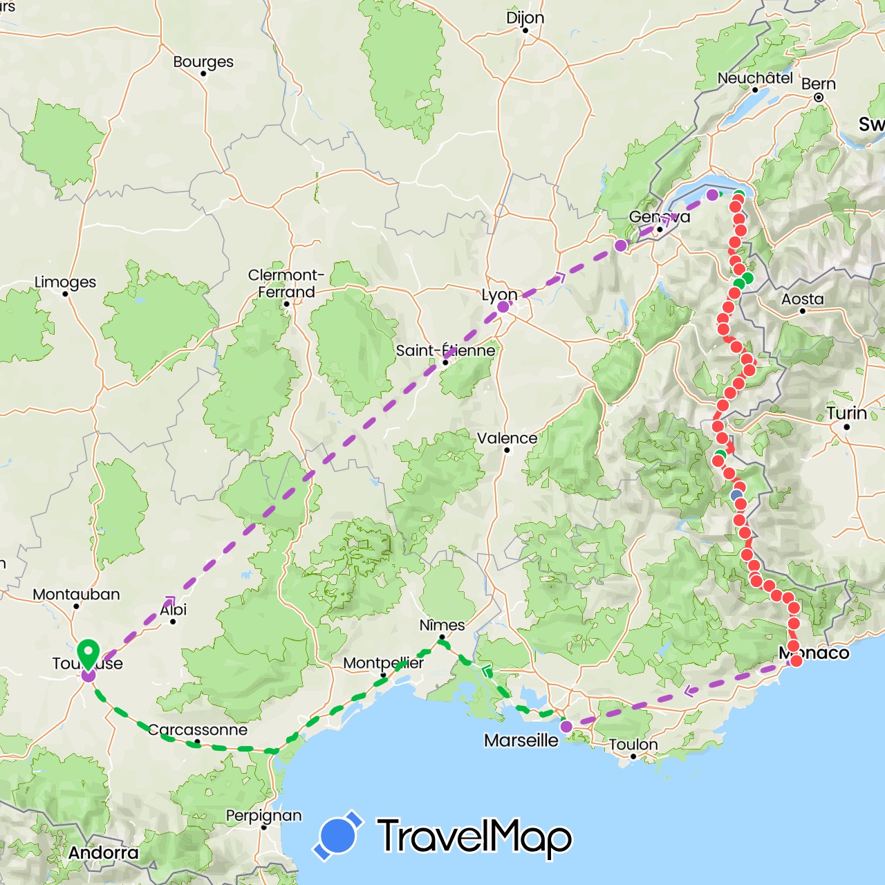 TravelMap itinerary: driving, bus, cycling, train, hiking in Switzerland, France (Europe)