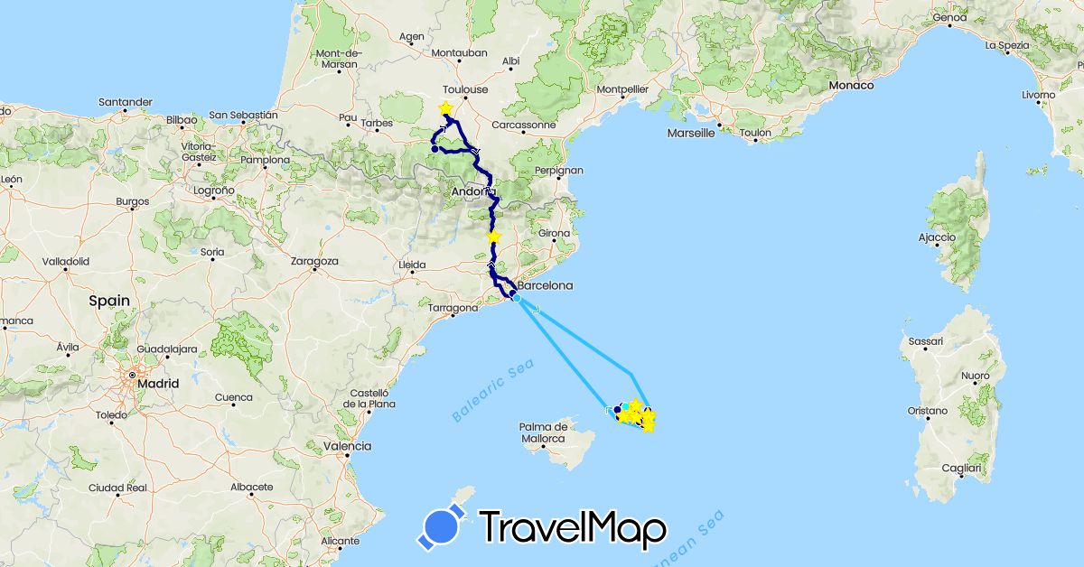 TravelMap itinerary: driving, bus, cycling, hiking, boat, natation eau libre in Spain, France (Europe)