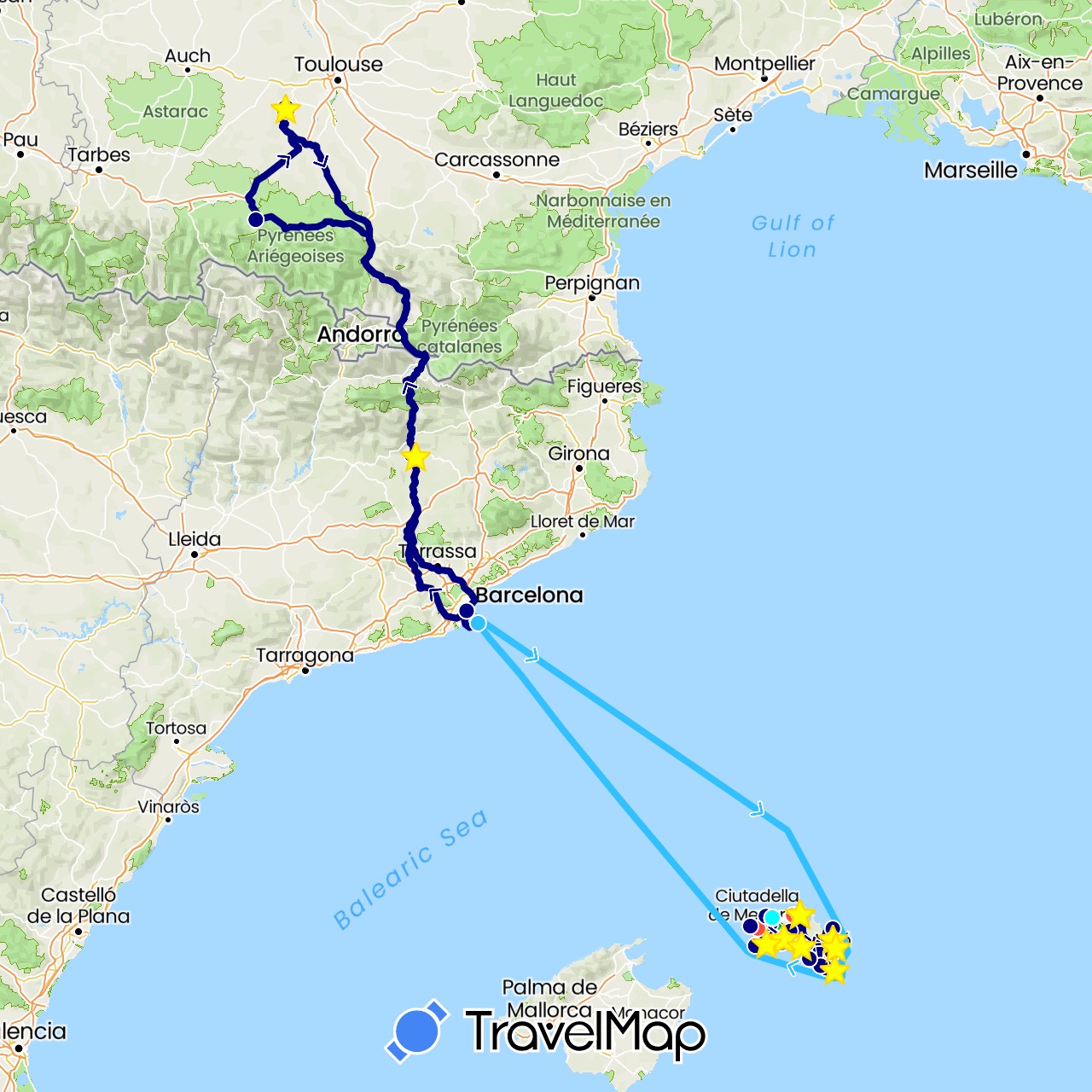 TravelMap itinerary: driving, bus, cycling, hiking, boat, natation eau libre in Spain, France (Europe)