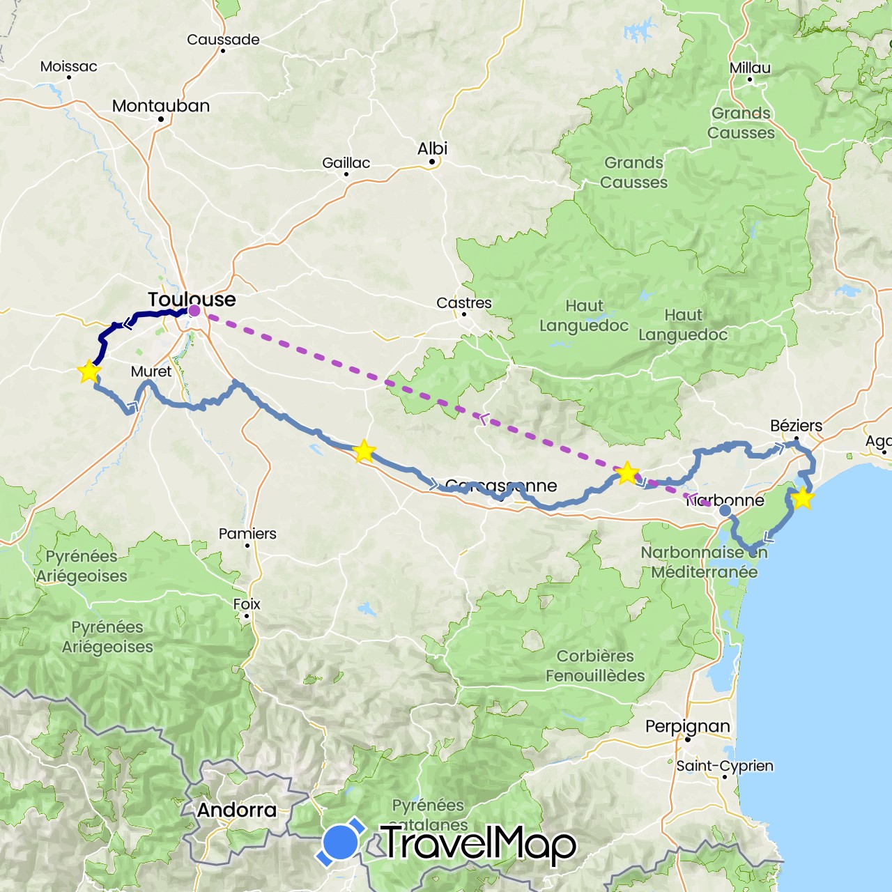TravelMap itinerary: driving, cycling, train in France (Europe)
