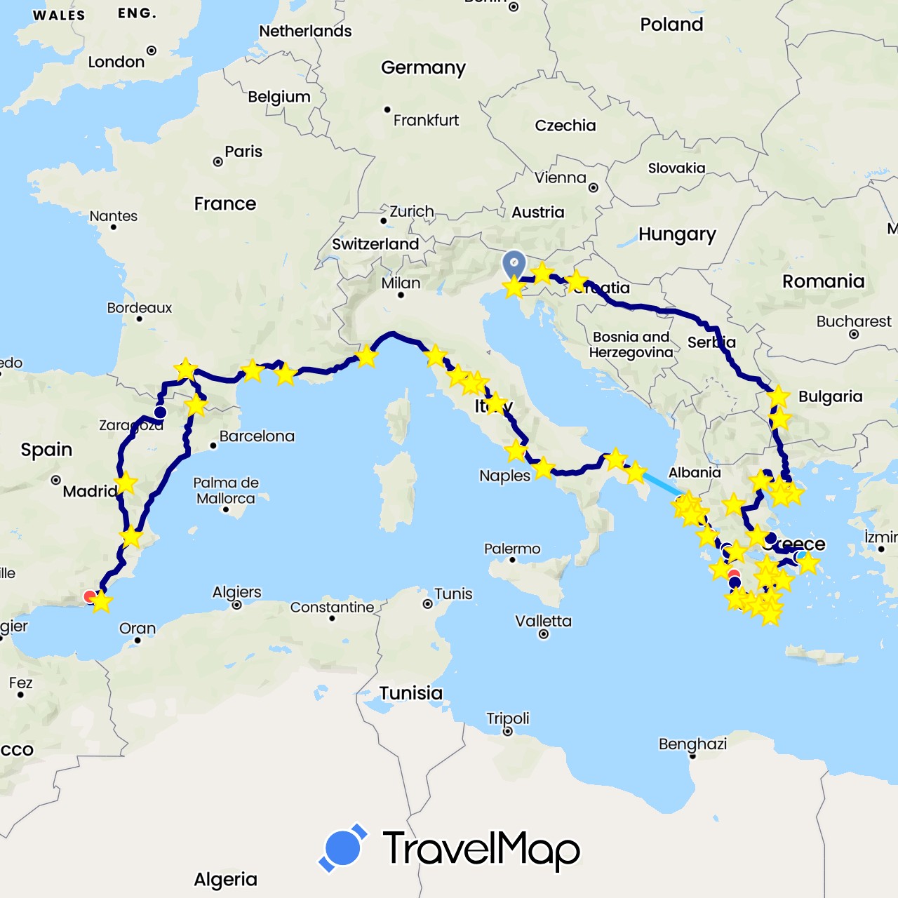 TravelMap itinerary: driving, bus, cycling, hiking, boat in Andorra, Spain, France, Greece, Italy (Europe)